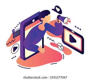 Internet Blogger Activity Illustration. A Man Shouts Into A Megaphone Through The Phone Screen. Abstract Background With Various Icons. Vector, Isometry.