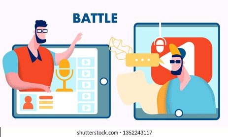 Internet Blogger Battle Vector Flat Illustration. Men in Casual Clothes Cartoon Characters. Video Blog Channel Confrontation, Argue, Quarrel. Streamer Debates, Conflict. Vlog Contest, Competition