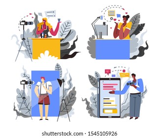 Internet blogger or content maker, web blogging and streaming, isolated icons vector. Video recording, beauty blog, news and technology overview. Smartphone and laptop or computer, camera and light