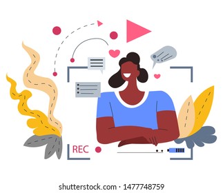 Internet blogger, profession or hobby, girl recording video vector. Beauty or info blog, woman sitting and speaking, vlog creation. Web blogging, online mass media and webinar or tutorial record