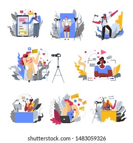 Internet and blogger profession or hobby isolated icons, mobile devices vector. Video recording, travel or beauty blog, news and entertainment. Smartphone and laptop, camera and light, web blogging