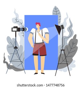 Internet and blogger profession or hobby, man and video camera vector. Recording news or entertainment blog, studio with backdrop and light. Web blogging, online media and webinar or tutorial