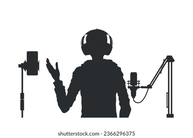 Silhouette, blogger de Internet. Retrato aislado de un streaming de video. Un vlogger graba un podcast en un smartphone. Un joven hace un arroyo. Ilustración del vector