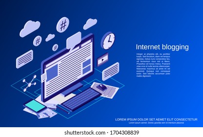 Internet blogging, blog management, web publication flat isometric vector concept illustration