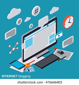 Internet Blogging, Blog Management, Web Publication Flat Isometric Vector Concept Illustration