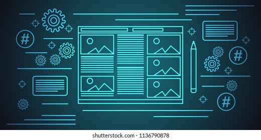 Internet blogging, web publication journalism, blog management thin line art style vector concept illustration
