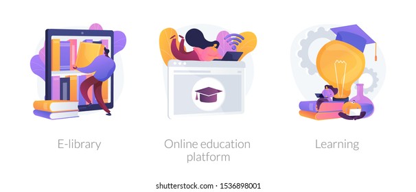 Internet bookstore, remote training classes service, academic graduation icons set. E-library, online education platform, learning metaphors. Vector isolated concept metaphor illustrations
