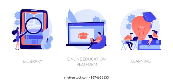 Internet bookstore, remote training classes service, academic graduation icons set. E-library, online education platform, learning metaphors. Vector isolated concept metaphor illustrations