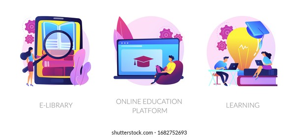 Internet bookstore, remote training classes service, academic graduation icons set. E-library, online education platform, learning metaphors. Vector isolated concept metaphor illustrations