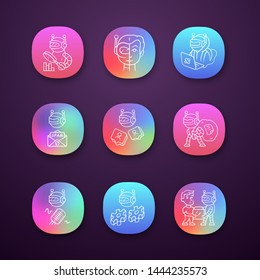 Internet bots app icons set. Hacker, spam, impersonator, monitoring, work, scraper robots. Artificial intelligence. UI/UX user interface. Web or mobile applications. Vector isolated illustrations