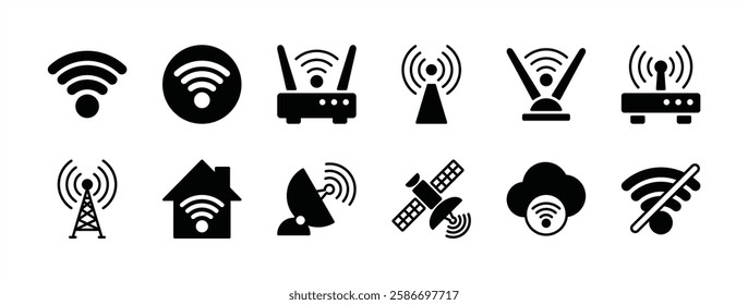 Internet broadband connection technology icon vector set. Containing wifi button, router, modem, antenna, tower, wireless signal, no connection, satellite dish, network, access