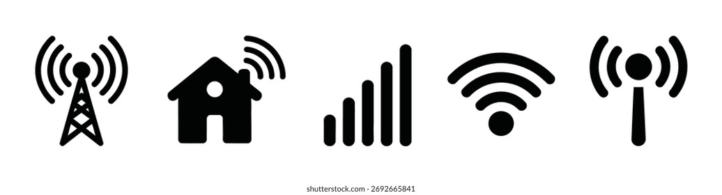 Conjunto de iconos de línea delgada de tecnología de conexión de banda ancha a Internet. Contiene Botón wifi, router, módem, antena, torre, señal inalámbrica, sin conexión, antena parabólica, red, acceso. Ilustración vectorial
