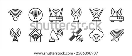 Internet broadband connection technology thin line icon set. Containing wifi button, router, modem, antenna, tower, wireless signal, no connection, satellite dish, network, access. Vector illustration