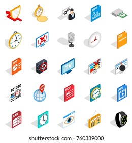 Internet broadcast icons set. Isometric set of 25 internet broadcast vector icons for web isolated on white background