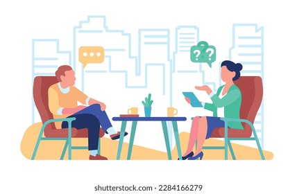 Internet broadcast where journalist interviews famous person. Man and woman sitting in armchairs. People discussion streaming. Conversation between guest and TV presenter