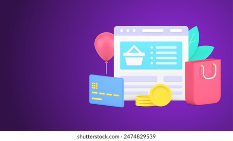 Internet browser computer screen with digital store website user interface 3d icon vector illustration. Online shopping cyberspace website goods assortment with credit card and supermarket basket