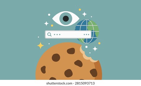 Internet browser cookie concept showing a half-eaten chocolate chip cookie next to search bar, eye, and globe graphics.