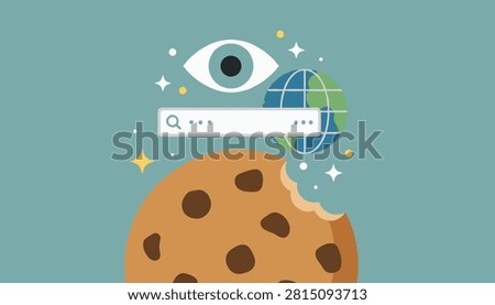 Internet browser cookie concept showing a half-eaten chocolate chip cookie next to search bar, eye, and globe graphics.