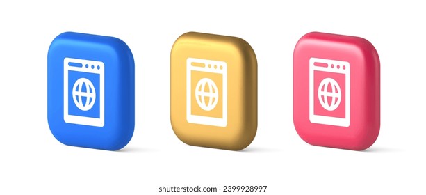 Internet browser global wireless connection button cyberspace virtual networking 3d realistic blue gold and pink icons. Web page online technology digital navigation searching app