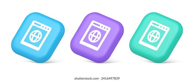 Internet browser global wireless connection button cyberspace virtual networking 3d realistic blue purple and green icons. Web page online technology digital navigation searching app