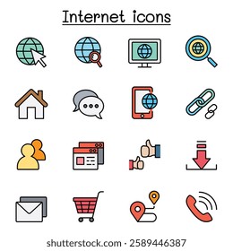 Internet browser icon set in color line style