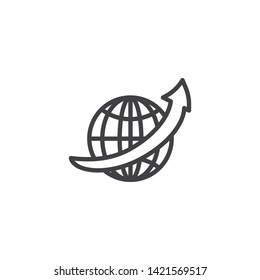 Internet browser line icon. Globe with arrow up linear style sign for mobile concept and web design. International global browser outline vector icon. Symbol, logo illustration. Vector graphics