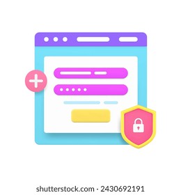 Navegador de Internet inicio de sesión contraseña de registro seguridad protección de datos personales icono 3d ilustración vectorial realista. Acceso de registro en línea desde la interfaz de usuario página de red seguridad autorización web