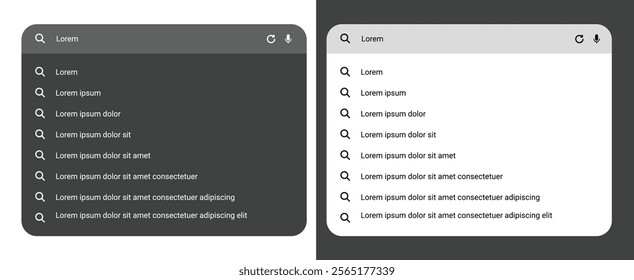 Internet browser search bar frame with search engine, address form, and navigation bar elements for UI-UX design in white mode and dark mode.