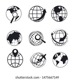 Internet browser symbol, planet isolated icons, search or geolocation vector. Global communication, mobile concept and web apps. Website design and development, Earth spherical rounded object