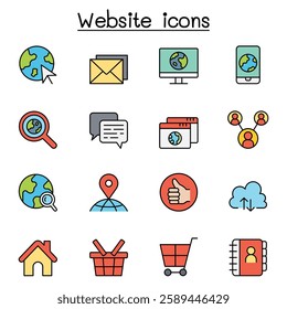 Internet, browser, website icon set in color line style