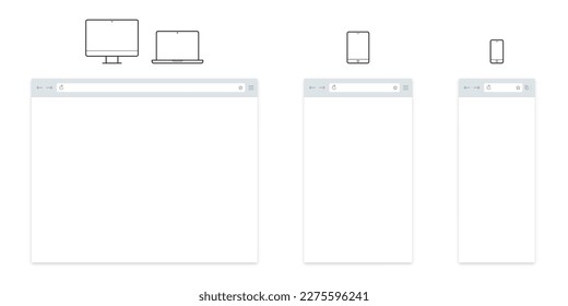 Internet browser window of computer laptop, mobile phone smartphone and tablet vector frames. Blank templates of website browser window interface with web address bar