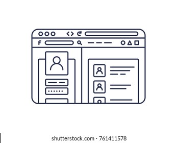 Internet browser window with open social network web page in flat line style. Vector outline object isolated on white background