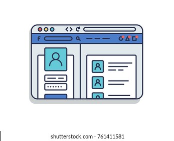 Internet browser window with open social network web page in flat line style. Vector outline object isolated on white background