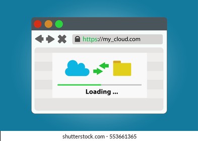 Internet browser window with a progress bar of upload  and download cloud storage data. In a simple modern style on isolated background.