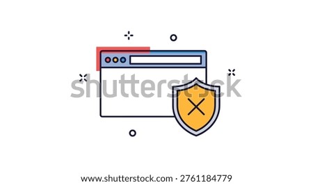 Internet browser window with a security shield and cross icon representing web vulnerabilities or blocked access in cyber safety.