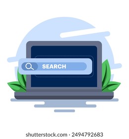 Internet browsing concept with Laptop with search engine icon concept. online web browser, search engine bar, seo optimization, search screen page, flat vector illustration on background.