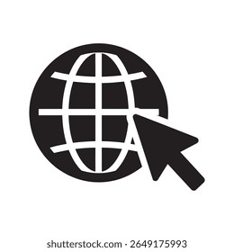 Internet browsing icon representing global access online clicking and website navigation with a cursor pointer on a world globe for web connection vector solid glyph icon