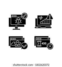 Internetbrowserbenachrichtigungen schwarze Symbole auf weißem Raum. Verbotene Website, Verbindungsprobleme, Anfrage Timeout und Erfolgsmeldungen Silhouette Symbole. Vektorgrafiken einzeln