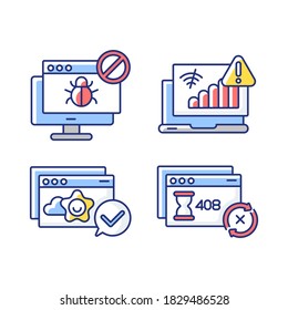 Internetbrowserbenachrichtigungen RGB-Farbsymbole gesetzt. Verbotene Website, Verbindungsprobleme, Anfrage Timeout und Erfolgsmeldungen. Einzelne Vektorgrafiken