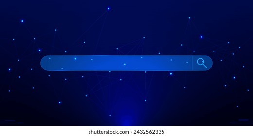 Internet browsing and online research with connecting dots and lines. Digital information concept with search bar on dark blue background. Vector illustration.