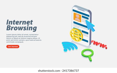 Internet browsing using smartphone and wifi connection 3d isometric web banner