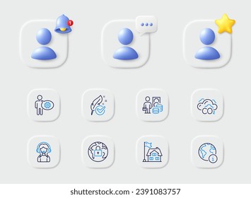 Iconos de línea de Internet, Construcción y Soporte. Marcador de posición con estrella 3d, timbre recordatorio, chat. Paquete de candado, Hypoallergenic probado, icono de la ganancia de dinero. CogWheel, pictograma de Co2. Para aplicación web, imprimir. Vector