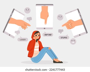 Internet bullying and intimidation crying female. Bullied teenager and aggressive online community. Cyberbullied on social media, snugly vector concept