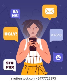Internet bullying. Young girl with smartphone read insults on social networks and messengers. Woman suffers from hate and negative comments on Internet. Cartoon flat vector illustration