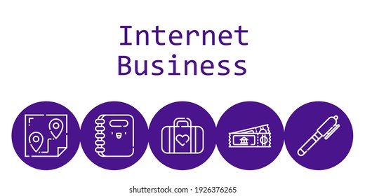 internet business background concept with internet business icons. Icons related route, ticket, luggage, pen, notebook