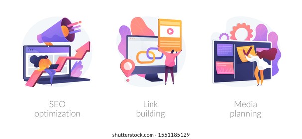 Internet Business Development, Networking Strategy, Task Management Icons Set. Seo Optimization, Link Building, Media Planning Metaphors. Vector Isolated Concept Metaphor Illustrations