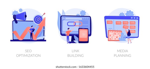 Internet business development, networking strategy, task management icons set. Seo optimization, link building, media planning metaphors. Vector isolated concept metaphor illustrations