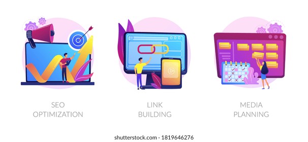 Internet business development, networking strategy, task management icons set. Seo optimization, link building, media planning metaphors. Vector isolated concept metaphor illustrations