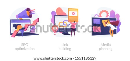 Internet business development, networking strategy, task management icons set. Seo optimization, link building, media planning metaphors. Vector isolated concept metaphor illustrations