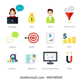 Ilustración vectorial de comercio electrónico y negocios por Internet. Iconos planos de cliente, objetivos, soporte, trato, administrador. Iconos de negocios en línea.
